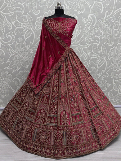 Awesome Hot Pink Sequins Velvet Bridal Lehenga Choli With Double Dupatta - Ethnic Plus In